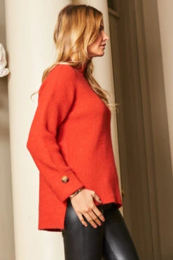 Red High Neck Folded Button Cuff Jumper -Winter Fashion Shop web a19tk115 69387