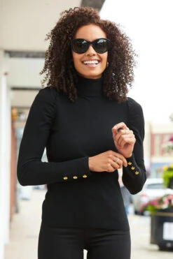 Black Gathered Sleeve Button Detail Jumper -Winter Fashion Shop web a20tk008 5764717