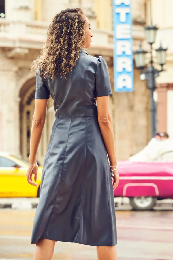 Navy Blue Faux Leather Short Sleeve Popper Front Shirt Dress 5 Navy Blue Faux Leather Short Sleeve Popper Front Shirt Dress - Image 3