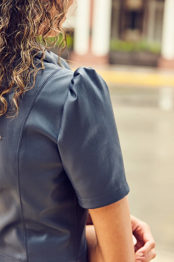 Navy Blue Faux Leather Short Sleeve Popper Front Shirt Dress 7 Navy Blue Faux Leather Short Sleeve Popper Front Shirt Dress - Image 5
