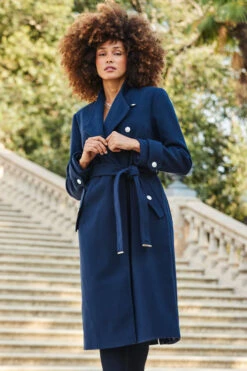 Navy Blue Military Longline Belted Coat