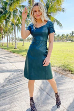 Emerald Green Leather Look Ruched Sleeve Detail Dress