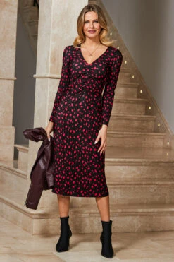 Black & Pink Fleck Print Plisse Twist Front Jersey Dress