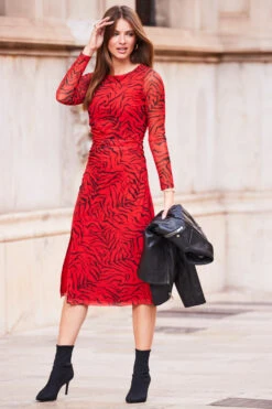 Red & Black Print Ruched Side Mesh Jersey Dress -Winter Fashion Shop web rt 100 a22dj010rdcv01 054