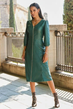 Emerald Green Zip Front Faux Leather Midi Dress -Winter Fashion Shop web rt 27 ss19or01bk0001 006