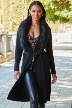Black Longline Cardigan With Faux Fur Trim