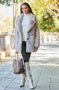 Taupe Premium Faux Fur Coat With Button Detail