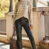 Taupe & White Stripe Roll Neck Jumper -Winter Fashion Shop web rt 35 a22bj003bk0001 005