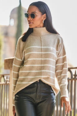Taupe & White Stripe Roll Neck Jumper -Winter Fashion Shop web rt 35 a22bj003bk0001 125