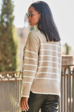 Taupe & White Stripe Roll Neck Jumper -Winter Fashion Shop web rt 35 a22bj003bk0001 177