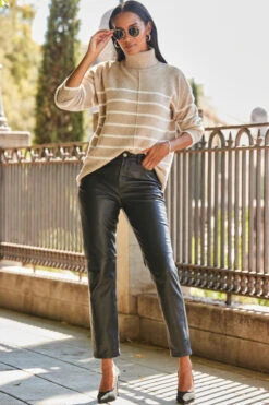 Taupe & White Stripe Roll Neck Jumper -Winter Fashion Shop web rt 35 a22bj003bk0001 199