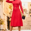 Red Fit & Flare Rib Knit Belted Dress With Silver Detail -Winter Fashion Shop web rt 43 a22dk480rd0017 055
