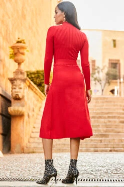 Red Fit & Flare Rib Knit Belted Dress With Silver Detail -Winter Fashion Shop web rt 43 a22dk480rd0017 178