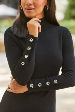 Black Roll Neck Button Cuff Detail Knitted Dress -Winter Fashion Shop web rt 44 a22dk550bk0001 195