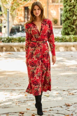 Red Multi Print Midi Shirt Dress -Winter Fashion Shop web rt 71 a21dw038rd0017 109