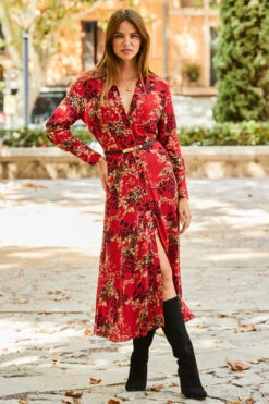 Red Multi Print Midi Shirt Dress