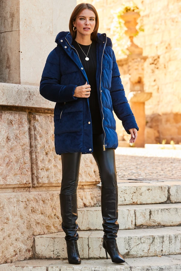 Navy Blue Luxe Velvet Padded Coat 7 Navy Blue Luxe Velvet Padded Coat - Image 5