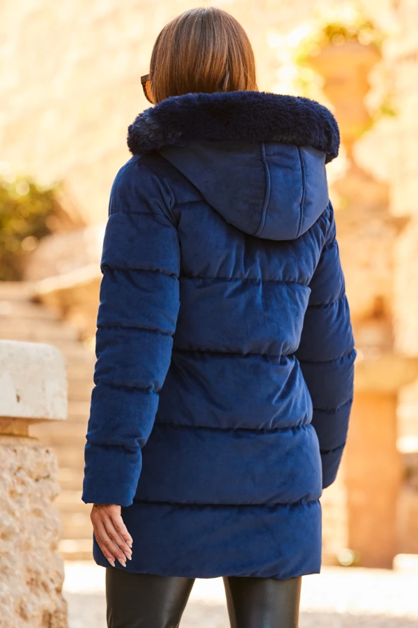 Navy Blue Luxe Velvet Padded Coat 4 Navy Blue Luxe Velvet Padded Coat - Image 2