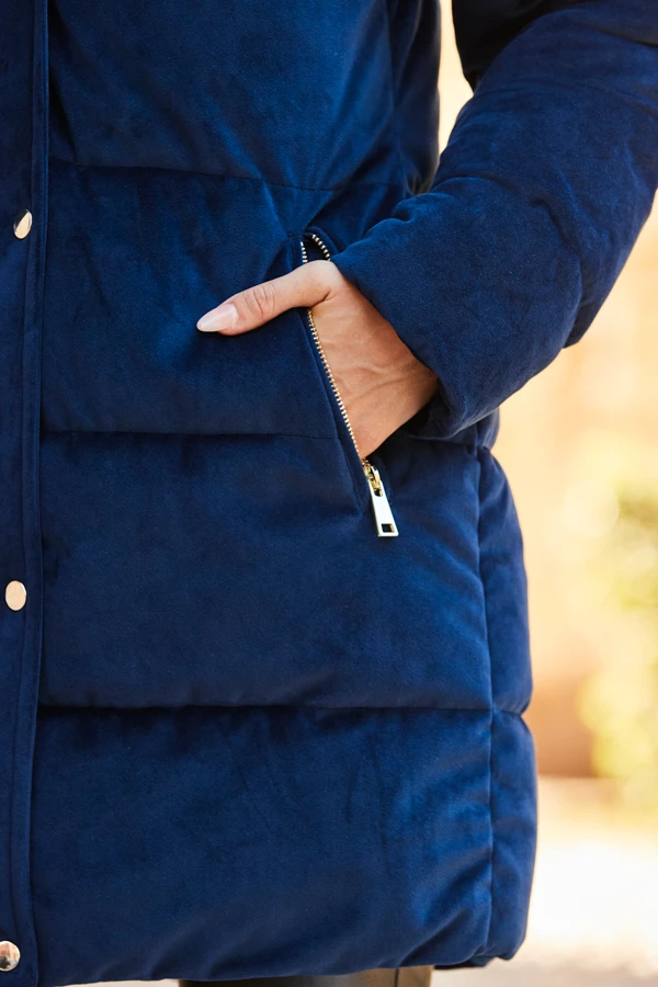 Navy Blue Luxe Velvet Padded Coat 8 Navy Blue Luxe Velvet Padded Coat - Image 6