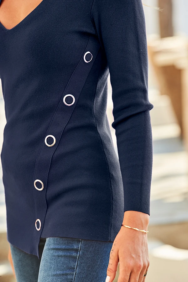 Navy Blue Eyelet Detail V Neck Jumper 3 Navy Blue Eyelet Detail V Neck Jumper