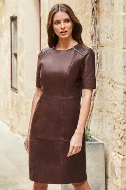 Burgundy Leather Zip Detail Shift Dress